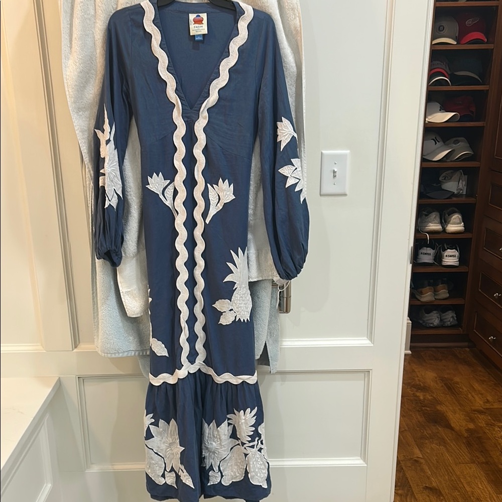 Farm rio Blue and White Long Sleeve Resort Dress
